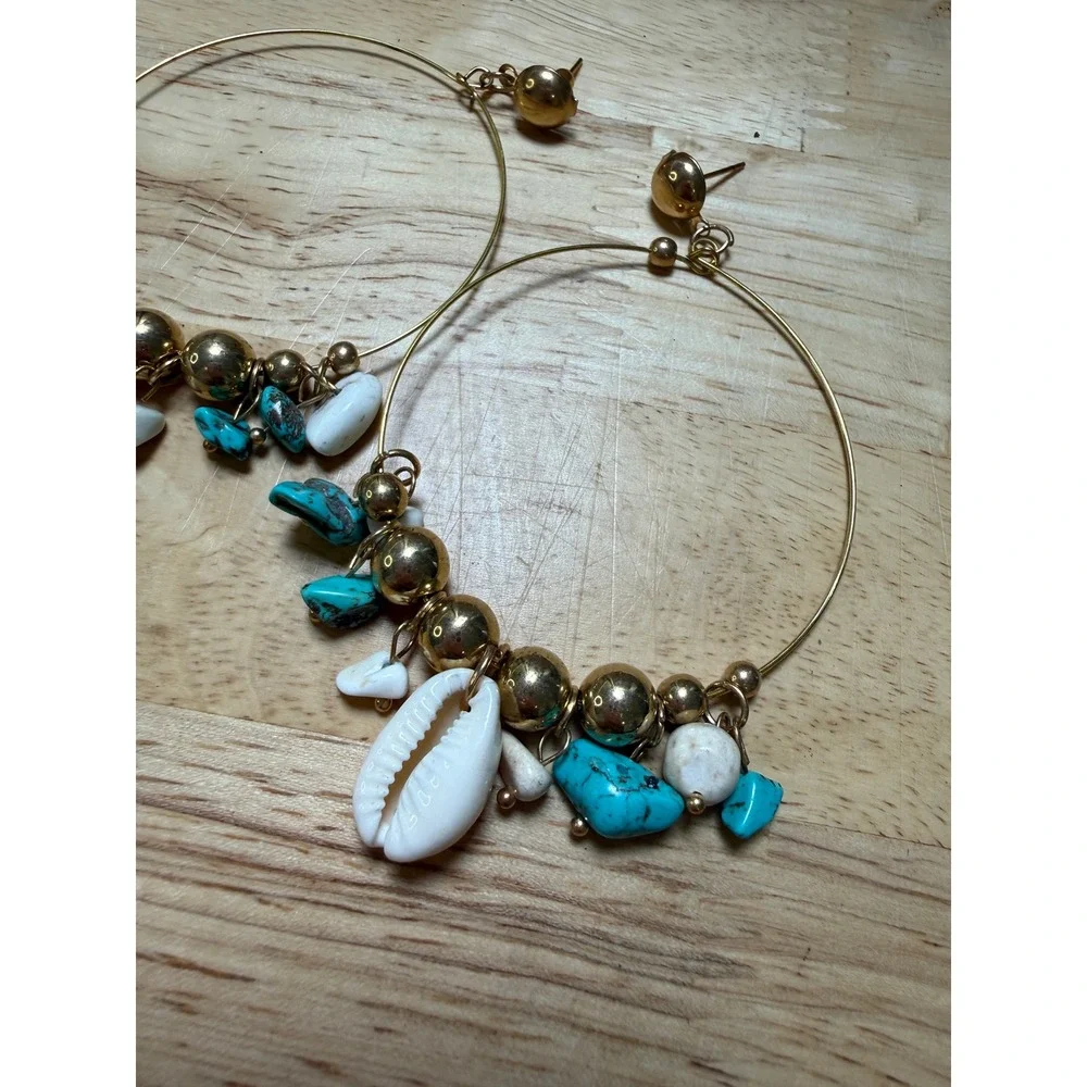 Hoop Earrings Gold Turquoise‎ Shell Bohemian Coastal Beachy Statement